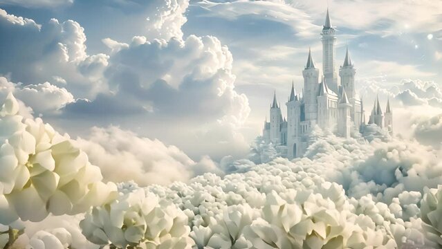 Fantasy Castle Above Clouds in Dreamy Sky with Ai generated.

