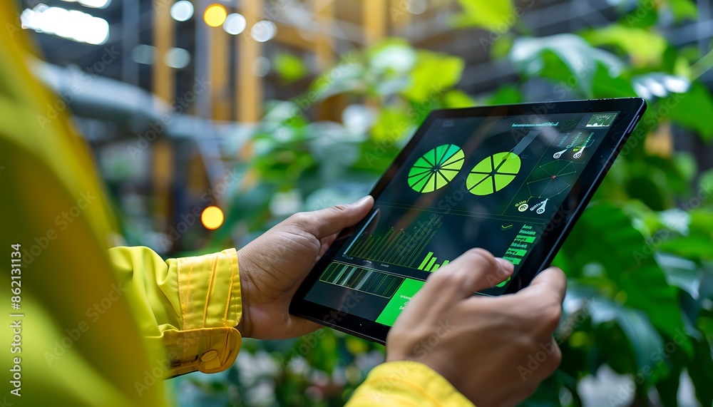 Aufkleber Closeup of a Person's Hands Holding a Tablet Showing Charts and Graphs