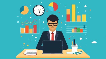 Businessman Working on his Laptop Surrounded by Data