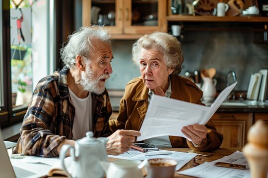 An elderly couple sits at a wooden kitchen table reviewing paperwork, reflecting financial planning, mutual understanding, and the warmth of long-term companionship.