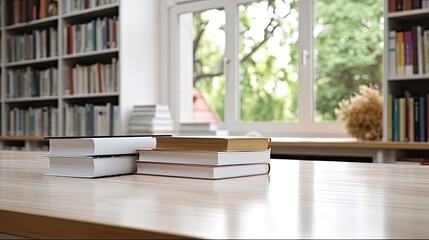 Fototapeta premium white table with books, stationery and copy space in blurred study room