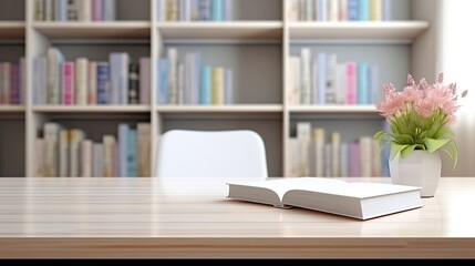 white table with books, stationery and copy space in blurred study room