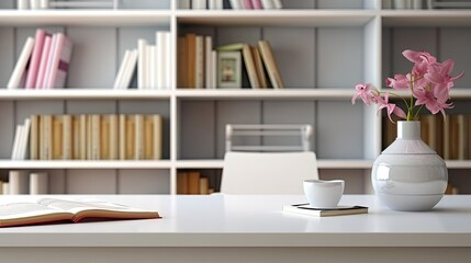 white table with books, stationery and copy space in blurred study room
