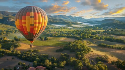 Fototapeta premium Hot air balloon hovering over valley with green trees and hills.