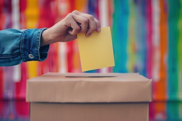 Photo captures a person's hand holding a yellow card and placing it into a cardboard ballot box with a bright and colorful background.