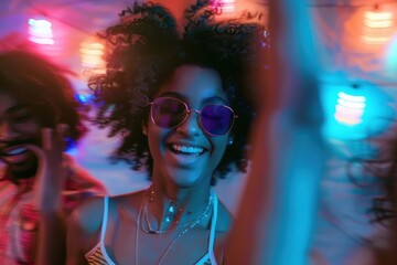 A woman with purple-tinted glasses enjoys a lively party atmosphere, with colorful lights in the background, capturing the essence of fun and enjoyment in a social setting.