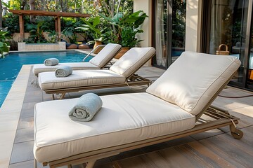 Elegant poolside retreat adorned with white cushioned loungers and lush greenery, offering a tranquil environment for outdoor relaxation and luxury leisure activities by the pool.