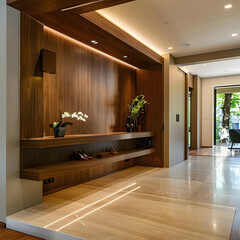 Stylish modern wooden entrance hallway with cozy tone, featuring a desk, stand, and shoe bench in a contemporary home.