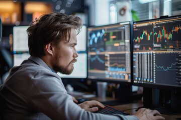 A trader focusing on multiple screens featuring financial graphs and data, highlighting the fast-paced and analytical nature of the trading profession.
