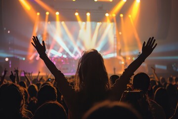 A person with raised hands enjoys a dynamic concert under colorful lighting with a crowd in the background. The atmosphere is energetic, lively, and full of enthusiasm.