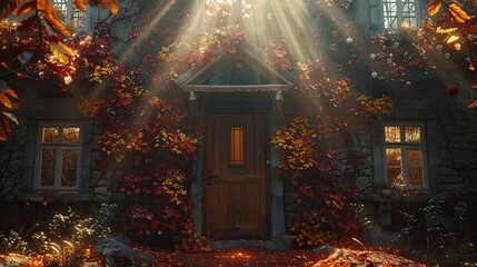 Vintage brown wooden front door on the facade of a building with windows, AI generated  