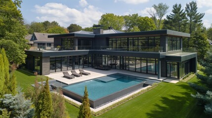 Large modern house with pool, surrounded by green landscaping.