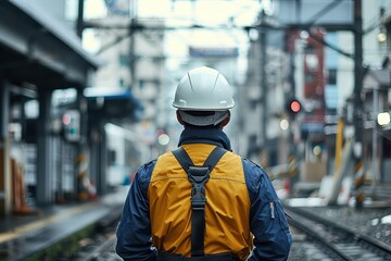 A construction worker, dressed in safety gear, stands on a railroad site, overseeing work progress amidst the urban backdrop, illustrating the essence of industrial diligence and safety.