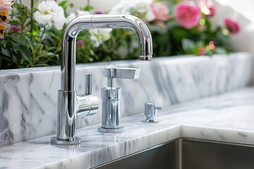 A sleek and modern chrome kitchen faucet is set against the backdrop of elegant marble countertops, blending contemporary design with functional kitchen elements.