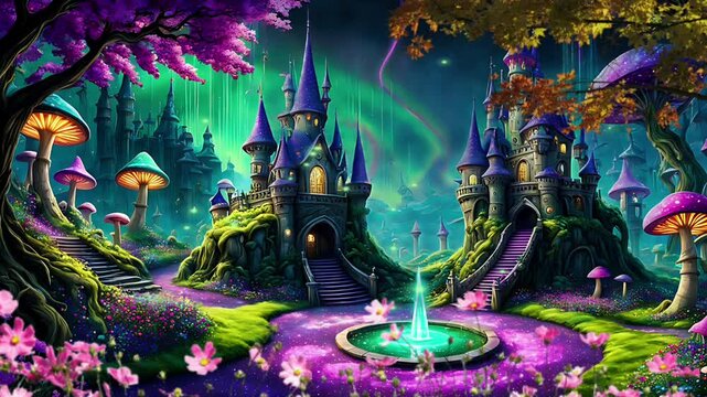 Castle fantasy world, garden. Seamless looping 4k time-lapse virtual video animation background