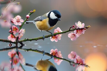 Obraz premium A small bird perches on a blooming twig, with the entire scene reflected on the water surface below, capturing the delicate beauty and serenity of nature in soft focus.