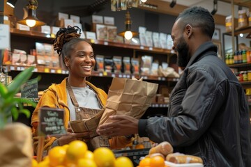 A cheerful cashier happily hands over a paper bag to a friendly customer in a cozy store, showcasing friendly interactions and excellent customer service.