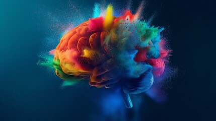 A colorful human brain with exploding color dust against a dark background. Brilliant ideas concept.