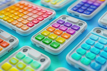 Colorful push pop toy fidget sensory gadgets arranged neatly against a vibrant background, perfect for stress relief and fun.