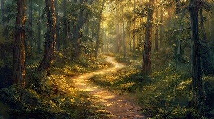 Fototapeta premium A forest path with a lot of trees and flowers. Generate AI image
