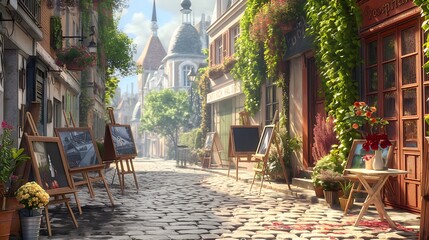 Fototapeta premium 5. Craft a whimsical scene of Montmartre's cobblestone streets and artists' easels, capturing the bohemian charm and artistic spirit that permeate this iconic Parisian neighborhood.