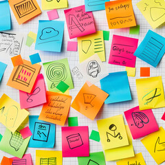 Colorful sticky notes on a transparent background, filled with handwritten notes and doodles, representing creativity and brainstorming.