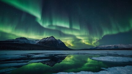 Naklejka premium Northern Lights over a Frozen Lake, Aurora borealis dancing over a still, frozen lake with reflections