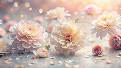 Soft lovely pastel flowers delicate petals scattered beautifully on gentle soft-focused pale colored background with abstract subtle texture.