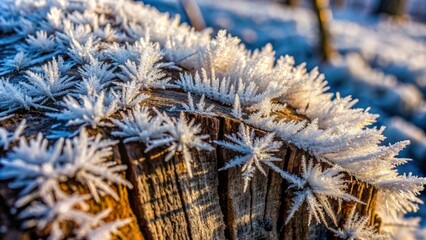 Macro shot of icy crystalline patterns adorning ancient tree trunk's rugged surface, frozen in time, conveying eerie winter stillness.