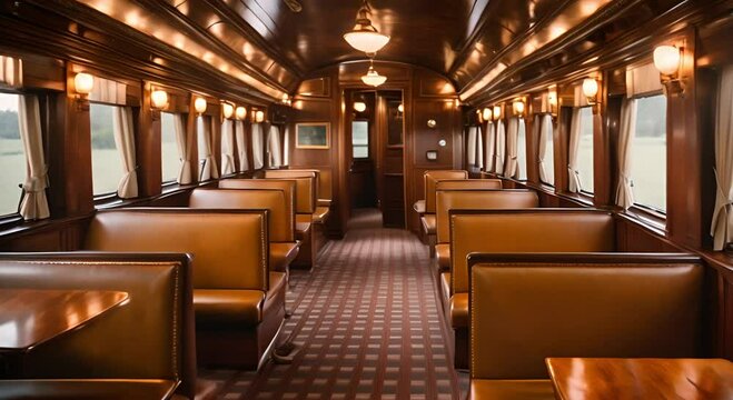 Vintage train carriage interior with luxury wooden panels