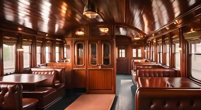 Vintage train carriage interior with luxury wooden panels
