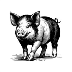 pig in black and white animal drawing,