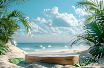 Fototapeta premium Wooden Platform Display on Beach With Tropical Plants and Ocean Background