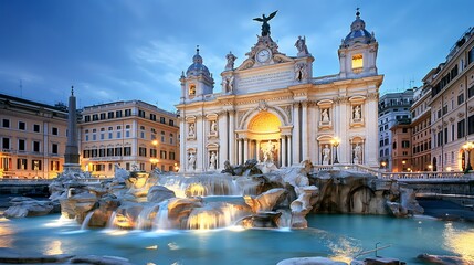 Fototapeta premium 5. Craft a picturesque view of the Trevi Fountain, with its Baroque sculptures and cascading water illuminated at night, embodying Rome's blend of artistic beauty and cultural significance.