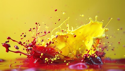 Radiant yellow and crimson 3D ink splash forming vibrant abstract art with fluid dynamics