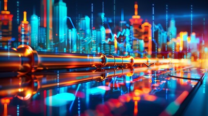 Fototapeta premium Futuristic digital cityscape with neon lights, data lines, and high-tech pipes, representing advanced technology and urban development.
