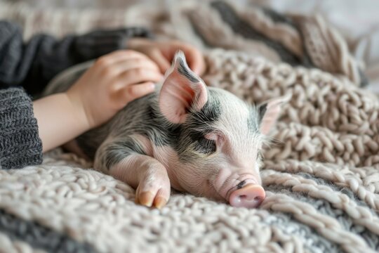 A small piglet sleeps on a cozy blanket, child pets it