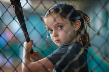 Girl practicing her swing in a batting cage with intense focus