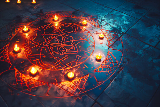 Red candles illuminating an intricate transmutation circle on stone floor