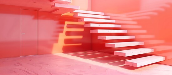 Fototapeta premium Bright coral Scandinavian stairs with floating steps and minimalist decor, enhancing a modern interior