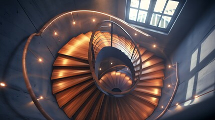 Compact spiral staircase with wooden steps, sleek metal railings, and RGB lights, perfect for a small urban loft.