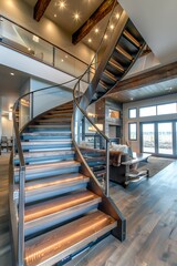 Fototapeta premium Curved wooden staircase with metal accents and RGB lighting, creating a focal point in a modern open-concept living space.