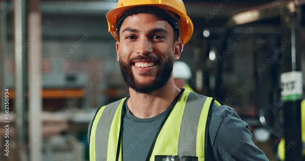 Wall mural Helmet, worker and confidence of man in construction, safety and industry of engineering, face and building. Industrial, happy and portrait of person, smile and joy of employee and warehouse for work