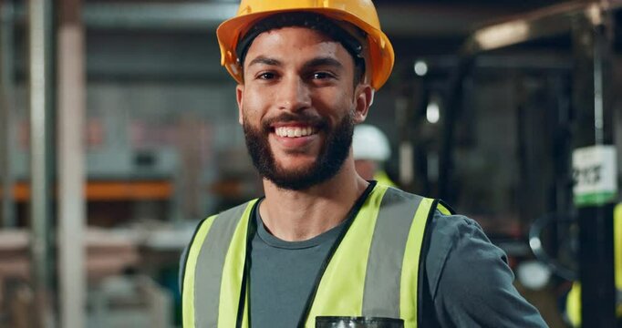Helmet, worker and confidence of man in construction, safety and industry of engineering, face and building. Industrial, happy and portrait of person, smile and joy of employee and warehouse for work