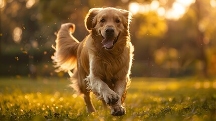 A happy golden retriever dog running in the park.
