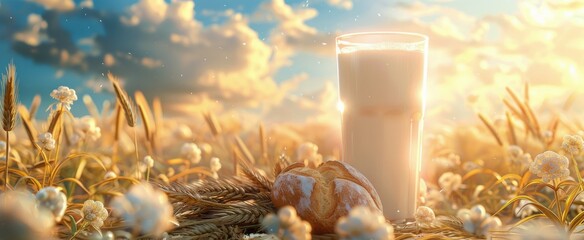 A Glass of Milk and a Loaf of Bread in a Field of Wheat at Sunset