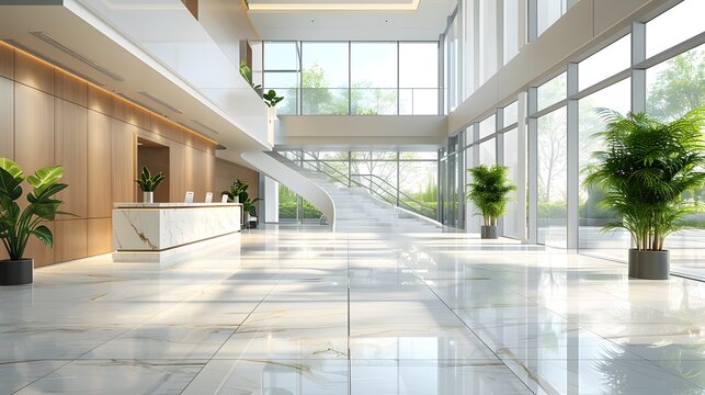 A modern office building lobby with large windows, white marble floors and a reception desk. A glass staircase is visible in the background.