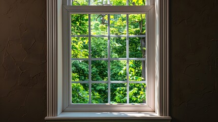 Fototapeta premium An aluminum window with white trim and clear glass, centered on the frame. The background is dark brown walls, and there's green trees outside the window. no furniture in front or behind it.