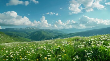 A beautiful mountain landscape with a field of flowers and a clear blue sky. Generate AI image