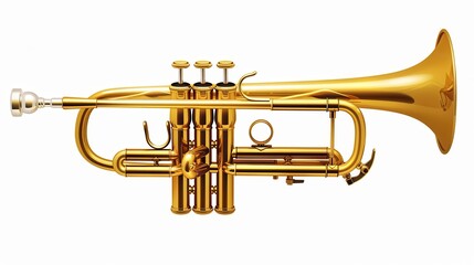 a trumpet, brass musical instrument, polished gold, isolated on white background